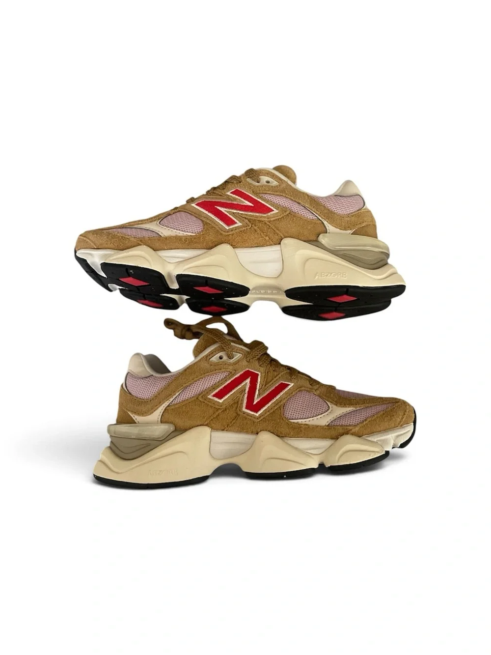 New Balance 9060 Women's Tan & Pink Retro Runner with Red Logo